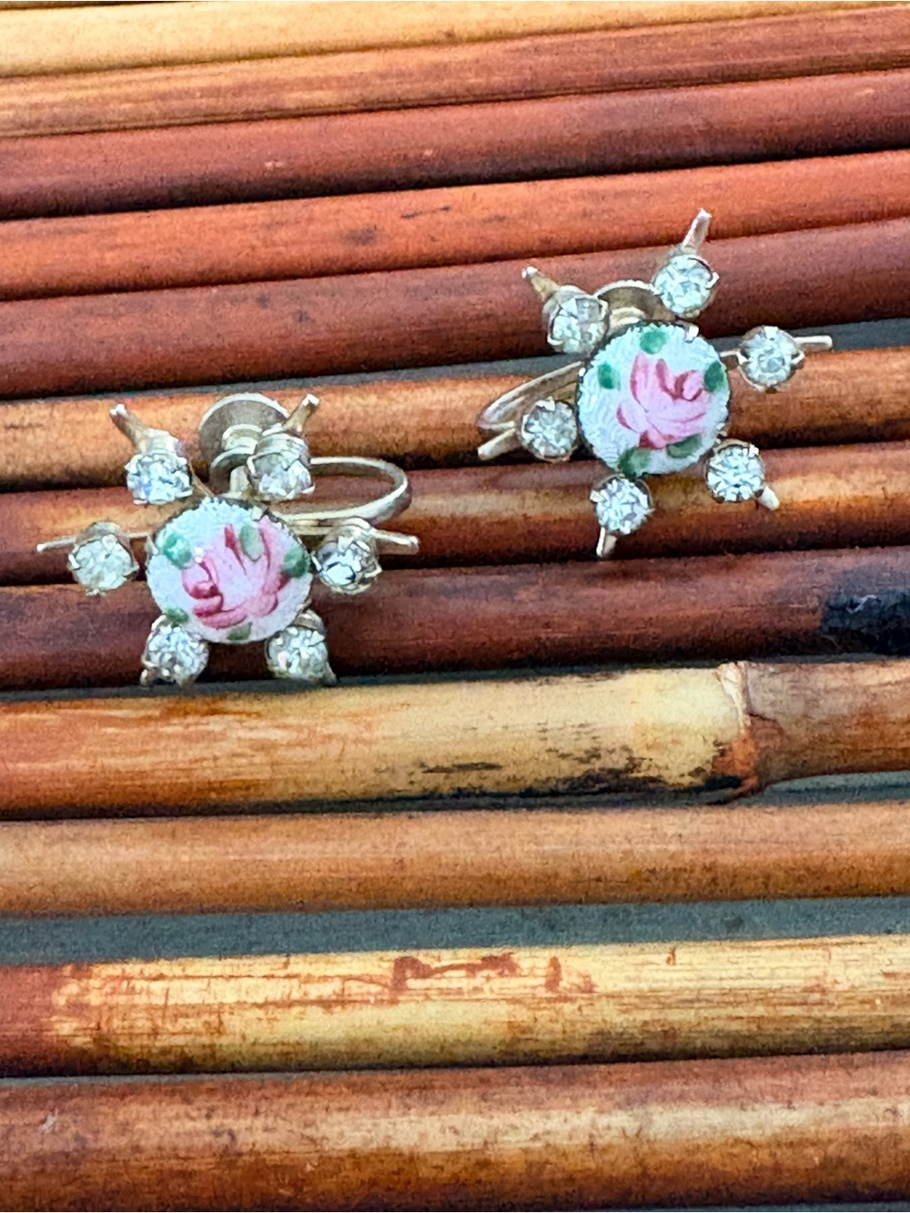 Pink Rose Ceramic Stud Screw Back Earrings Sparkling Rhinestone Accents